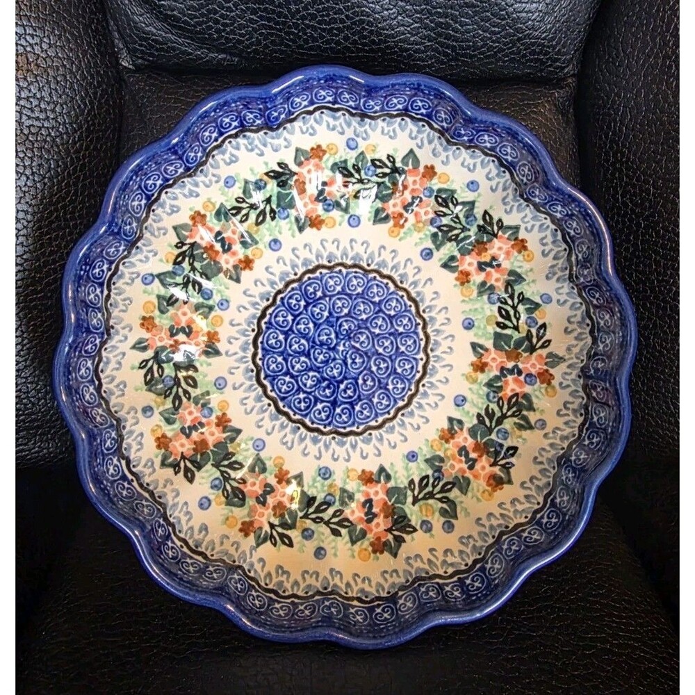 Polish Pottery Unikat M. Starzyk Scalloped Fluted Floral Dish 9" 957 Flowers